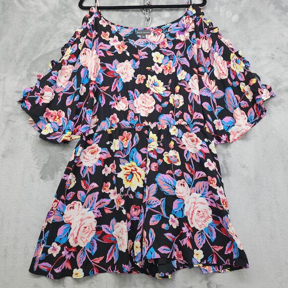 Bold Elements Colorful Floral Romper Size L Ruffled Cold Shoulder V-neck Lined - Picture 1 of 11